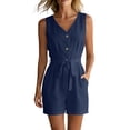 thumbnail image 2 of Yteetum Jumpsuits for Women Summer Sleeveless V Neck Cotton Button Waist Tie Rompers Womens Casual Solid Loose Lightweight Comfy Beach Travel Vacation Overalls, 2 of 8