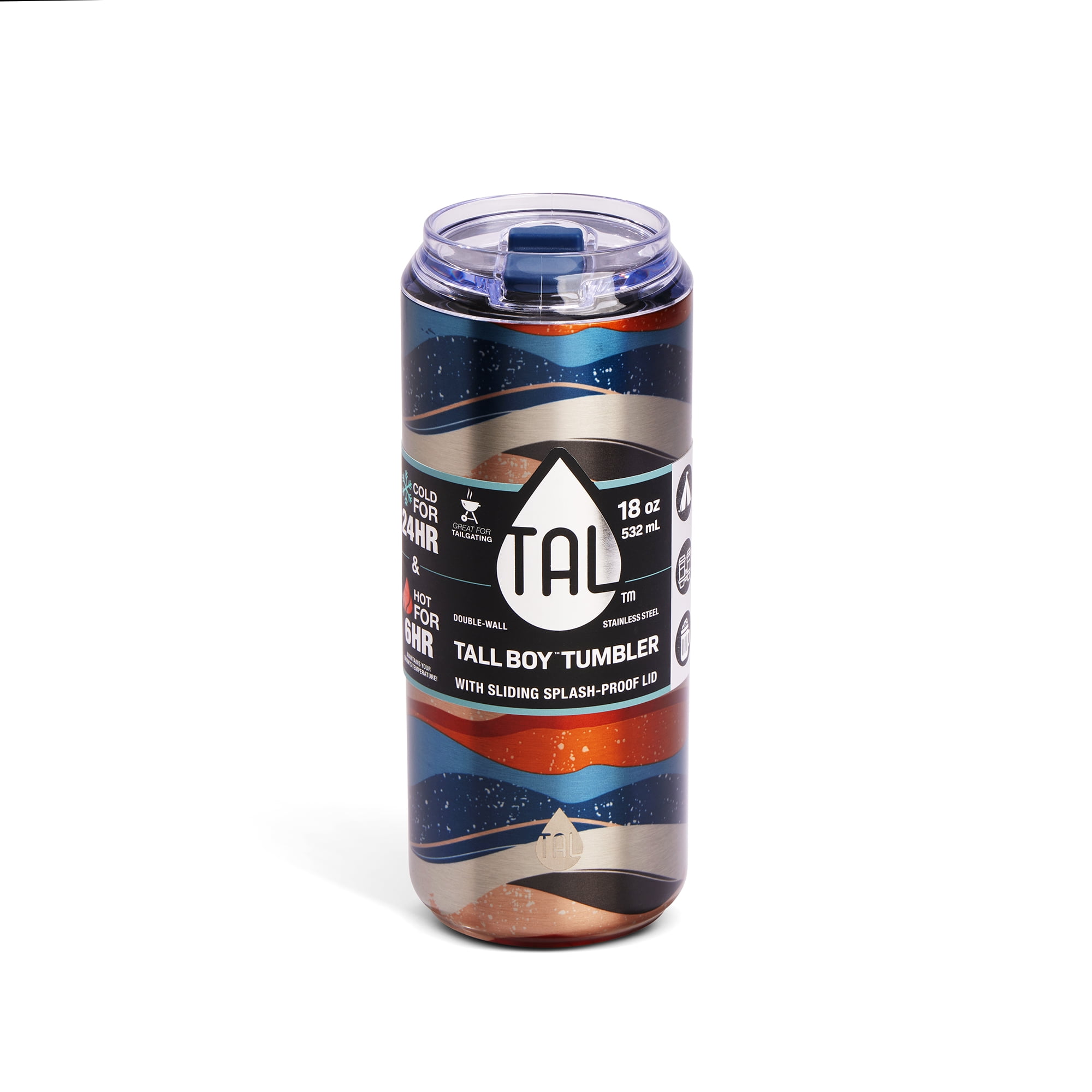 TAL Stainless Steel Tall Boy Tumbler with Sliding Splash Proof Lid 18oz, Wave