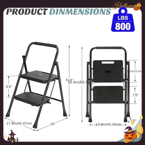Heavy-Duty Folding Step Ladder with Storage Shelf, 800LBS Capacity, 2/3/4 Step Steel Ladder, Wide Anti-Slip Treads, Lightweight Portable for Home Workshop, Black