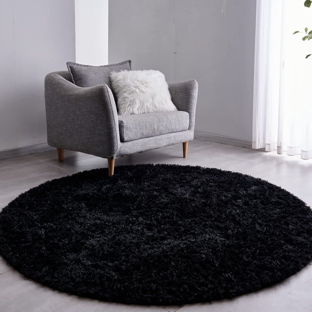 FJZFING Black Round Rug Ultra-Soft Plush Modern 6x6 Circle Area Rug for Kid's Bedroom, Fluffy Shag Circular Rug for Nursery Room,