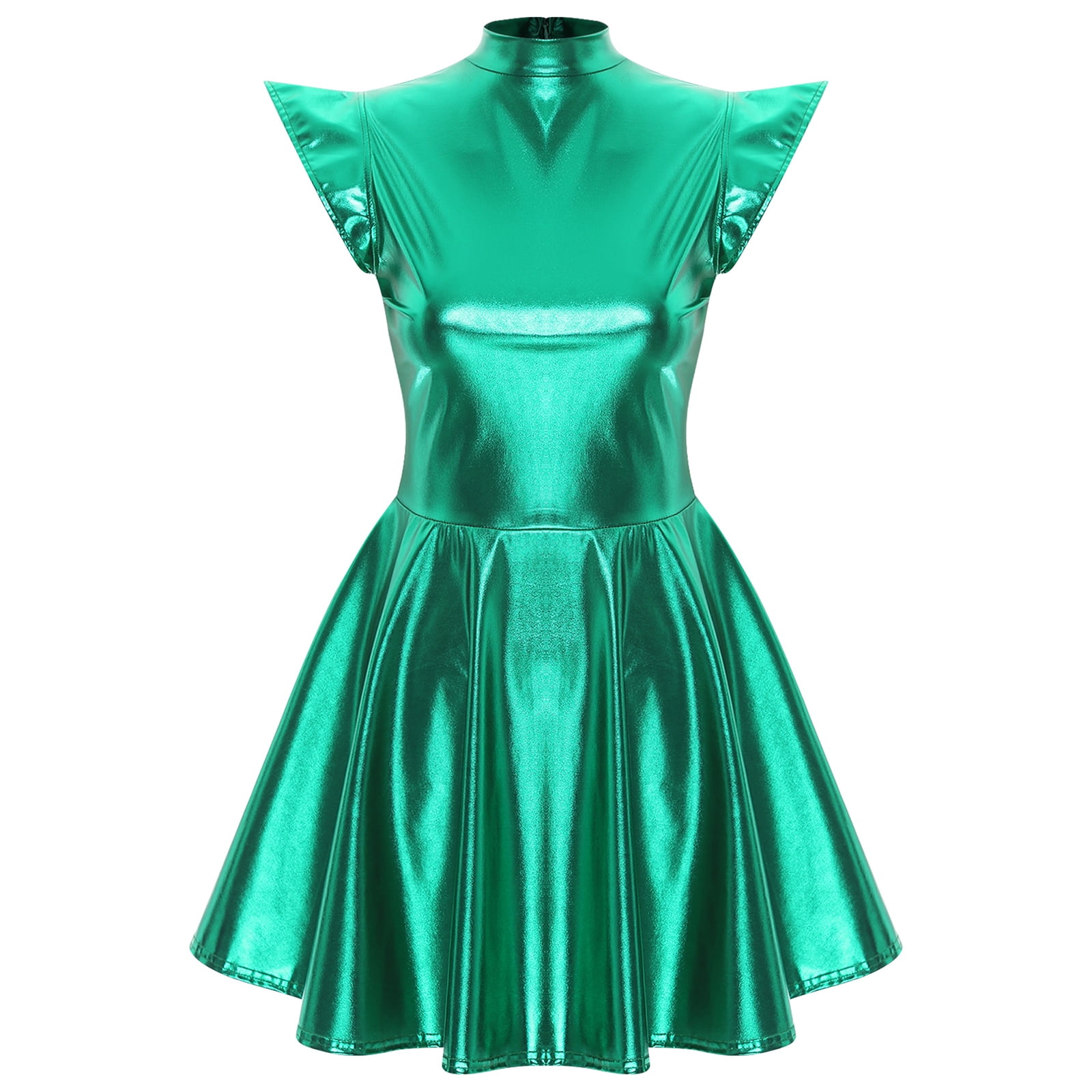 TiaoBug Women's Metallic Sleeveless Club Disco Holographic Dress Wet Look Pleated Dresses Green L