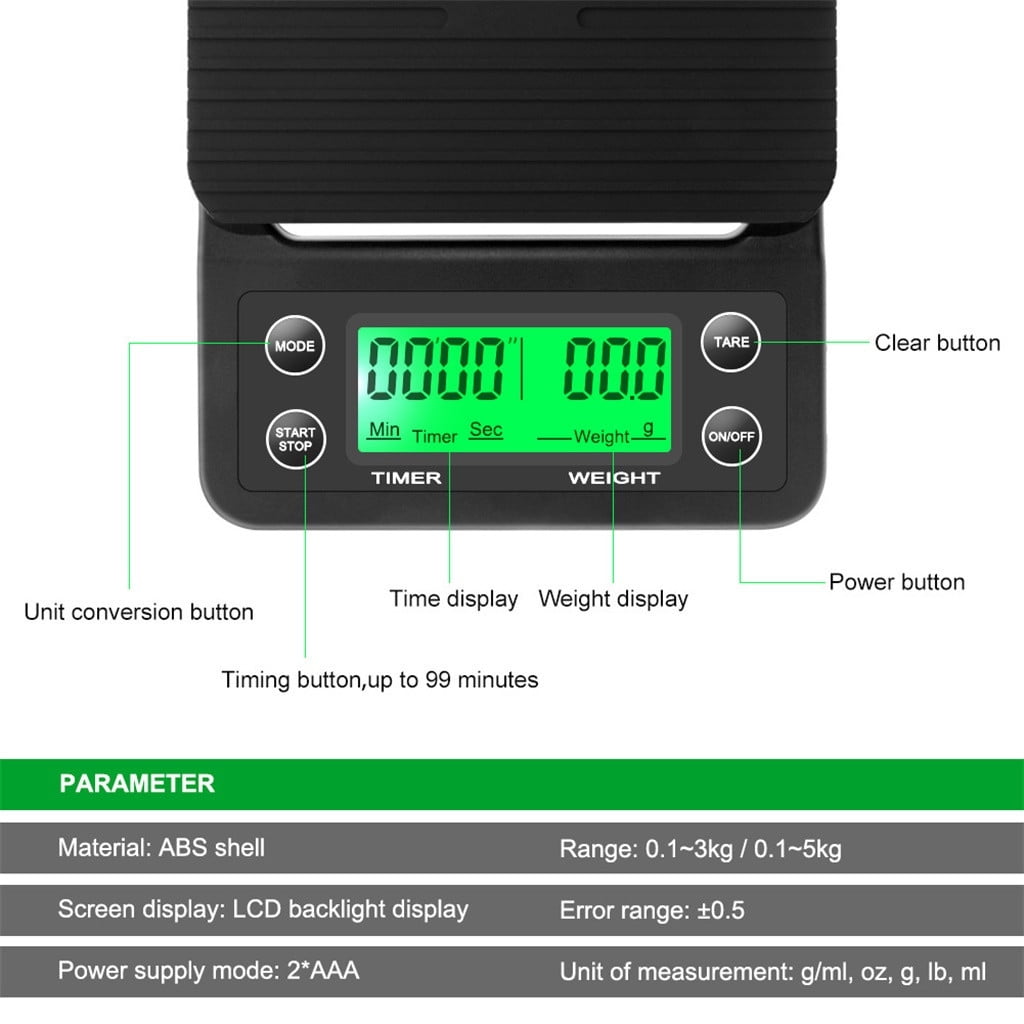 Digital Coffee Scale for Kitchen, Electronic Timing Scale 5000g/0.1g, Mini Baking Scale with LCD Backlight