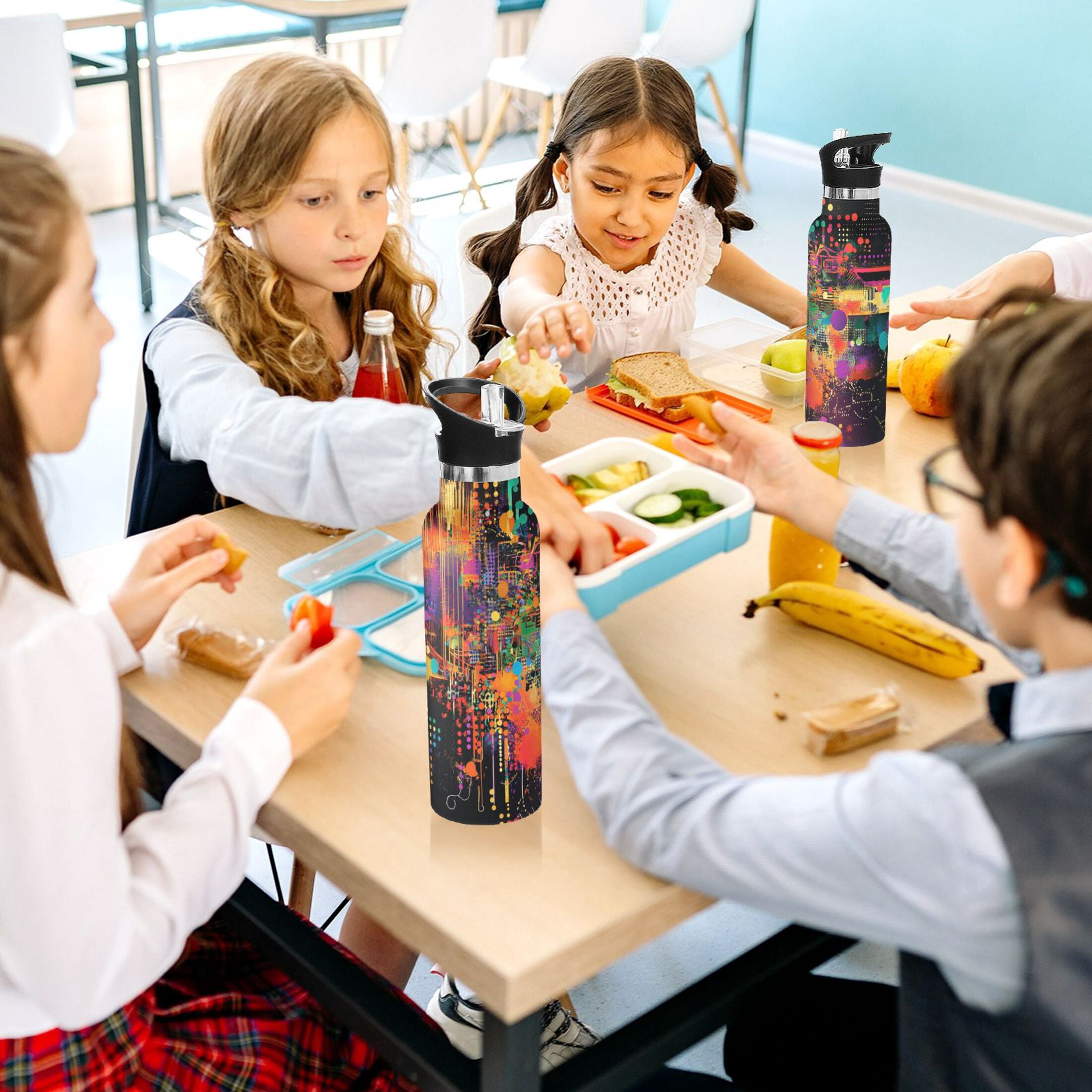 Kids Insulated Stainless Steel Sports Water Bottle 600ml (20oz) Data Streams Pattern