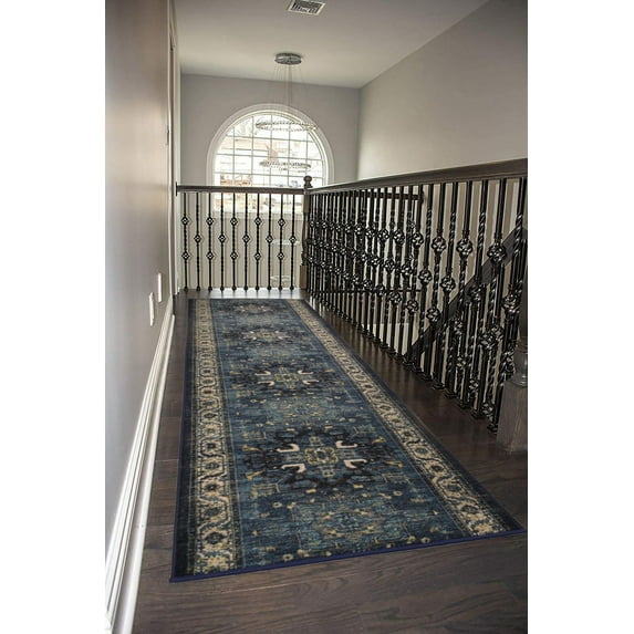Custom Size Rug Runner Traditional Vintage Distressed Looks Medallion Design Hotel Quality Cut To Size Oriental Isfahan Navy Blue Runner Rug, Customize by Feet