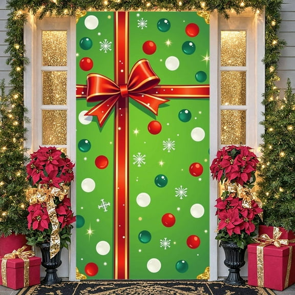 Red Bow Christmas Banner Green Background Xmas Backdrop Decorative Balls Snowflake Pattern Festive Background for Christmas Party Holiday Decoration Xmas Celebration