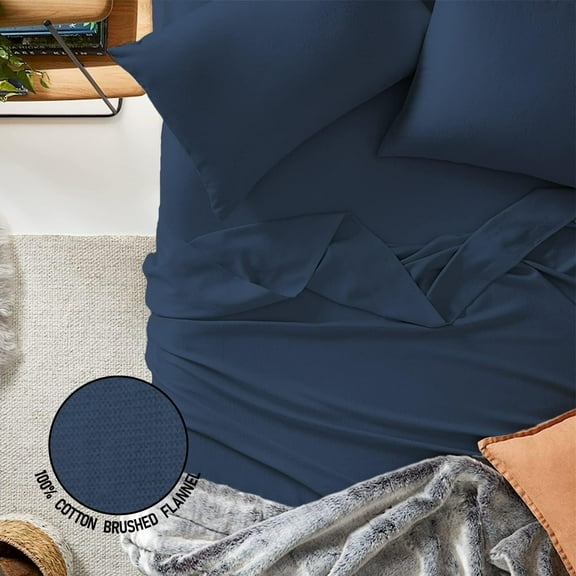 100 Percent Cotton Double Brushed Flannel Sheet Set - 170 GSM Heavyweight, Deep Pockets - Indigo Twin
