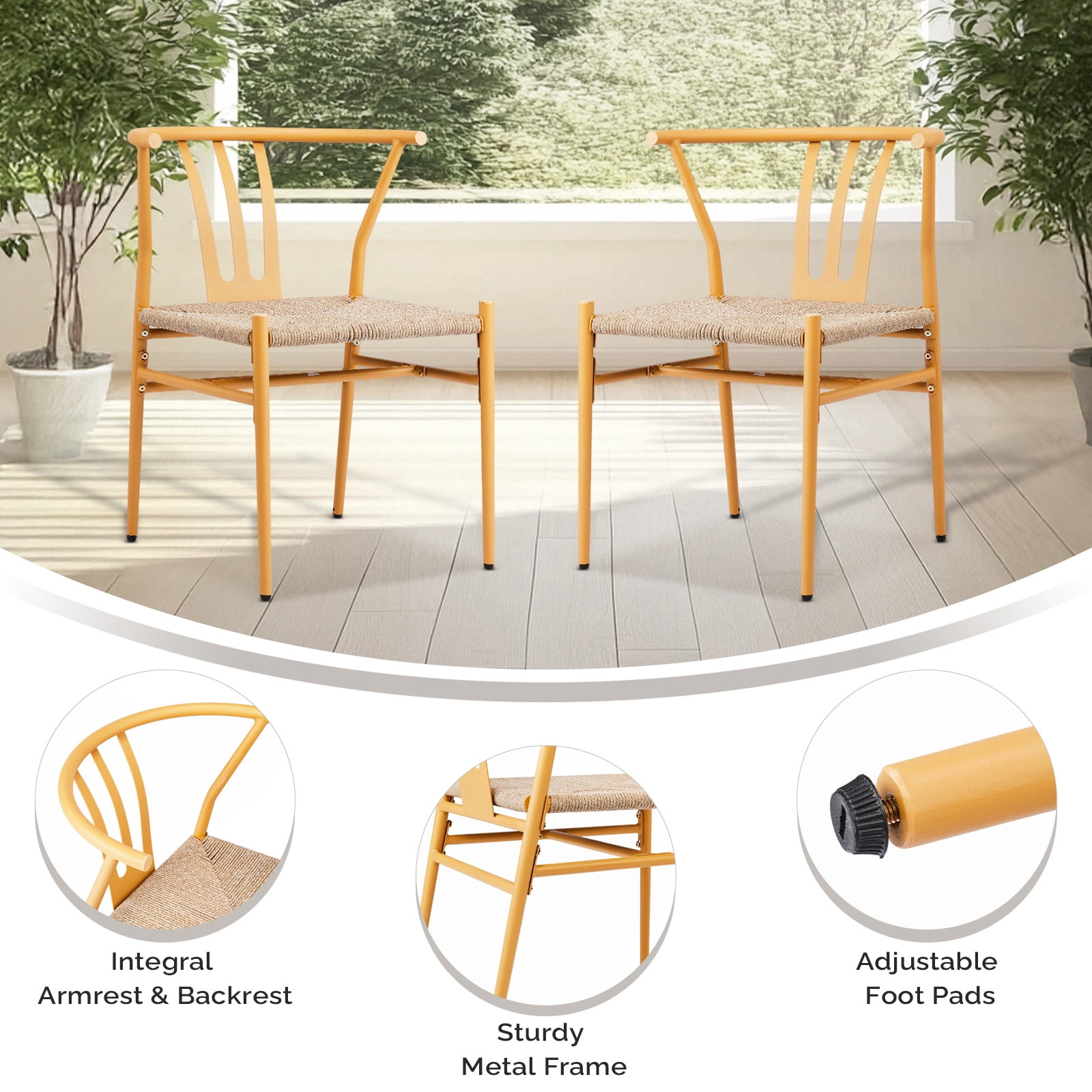 4PCS Weave Dining Chair, Mid-Century Modern Metal Rattan Chair for Kitchen Dining Living Room, Wood Color