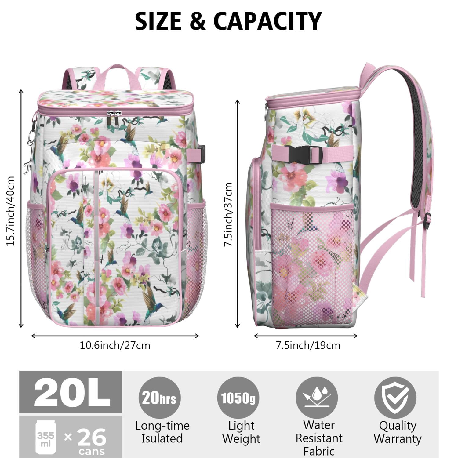 Travel Cooler Bag - Pioneer Flower Floral Print Pattern Camping Beer Cooler Backpack with Bottle Opener- Waterproof Insulated Picnic Backpacks - Cooler Bag for Beach