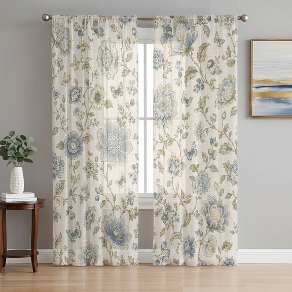 Vintage Tulips Sheer Curtains 96 Inch Length 2 Panels Set, Elegant Floral Botanical Farmhouse Voile Window Treatment Semi Sheer Long Curtains Drapes for Bedroom/Living Room/Kitchen 52"x96"x2