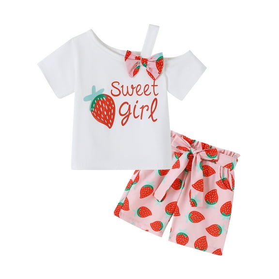 CARETOO Toddler Girl Summer Short-Sleeve One Shoulder Casual Tops Shorts 95% Cotton 3PCS Set 1-5T