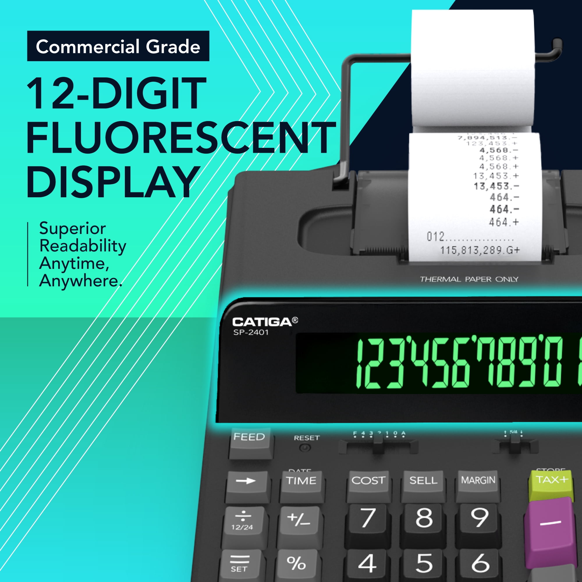 CATIGA 12 Digit Thermal Printing Calculator with Tape Print Out, Ink-Free Adding Machine, 3X Faster Quite at 8.0 LPS, Extra Large Fluorescent Display, Tax Calculation with Clock and Calendar, SP-2401