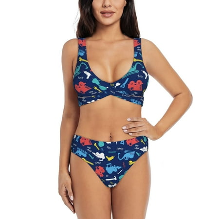 Zeuib Colorful Excavator High Waisted Tummy Control Bikini Set - Knot Front Push Up Top & Cheeky Thong Bottom  Two-Piece Swimsuit for Women-Small