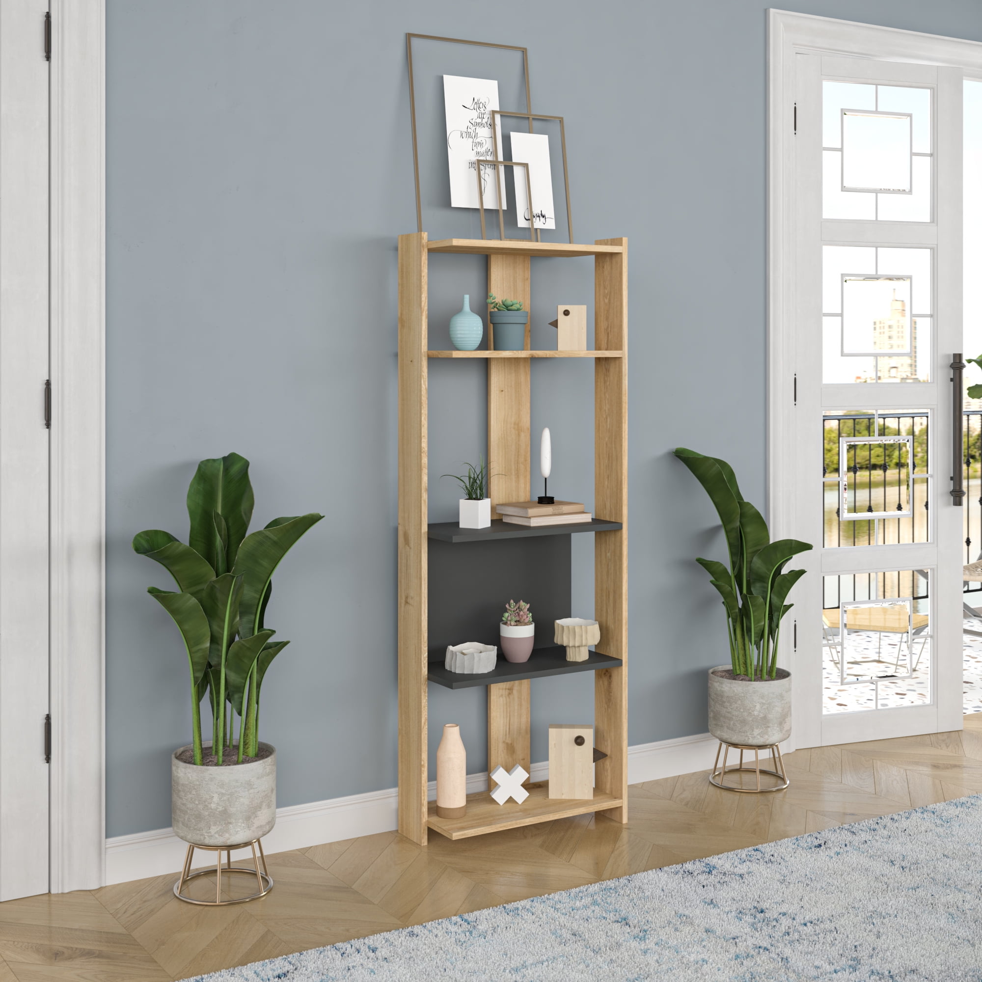 Ada Home Decor Abis 4 Tier Open Shelf Narrow Modern Bookcase, Anthracite/Oak