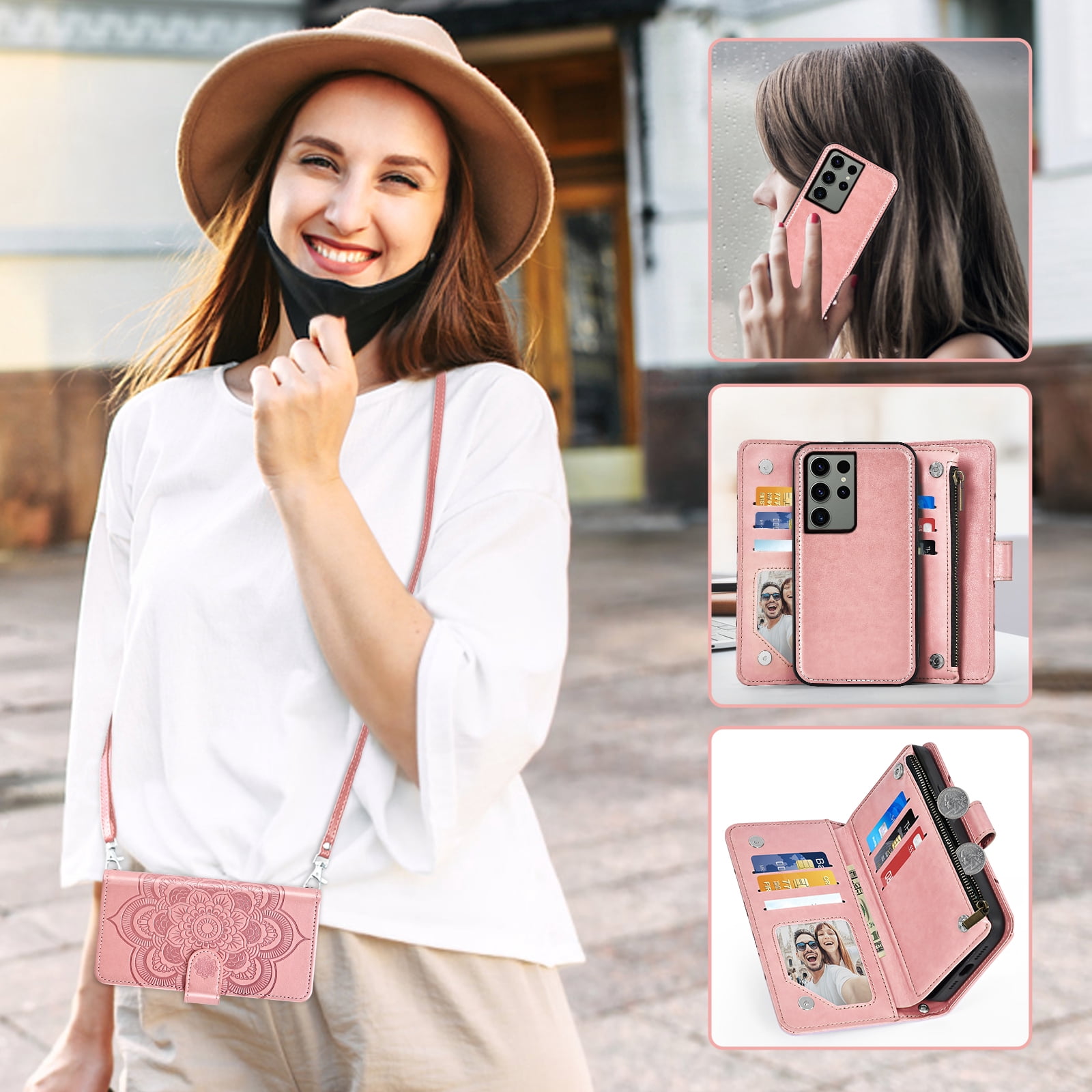 Asuwish Phone Case for Samsung Galaxy S23 Ultra 5G Zipper Wallet Magnetic Detachable Cell Cover with Tempered Glass Screen Protector Crossbody Strap Flower Card Holder Slot S23Ultra Women Pink