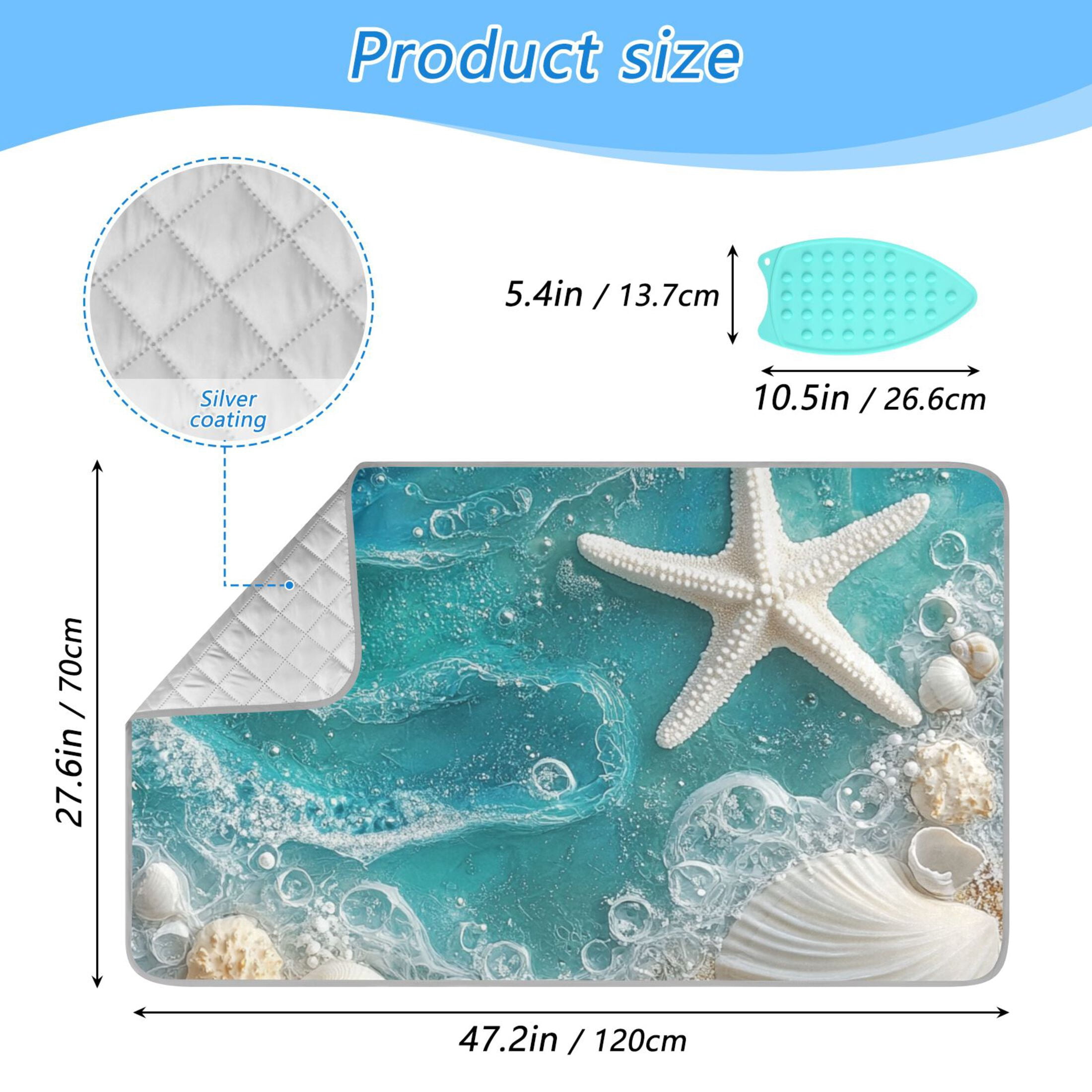 Shells Starfish on Beach Sea Wave Ironing Mat Blanket Portable Travel Ironing Pad Heat Resistant Pad 47.2" x 27.6”