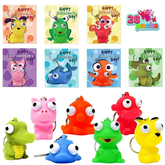 Joyfy 28 Packs Valentines Cards with Popping Eyes Animal Keychain for Kids, Fidget Valentines Toys for Kids School Class Exchange Cards
