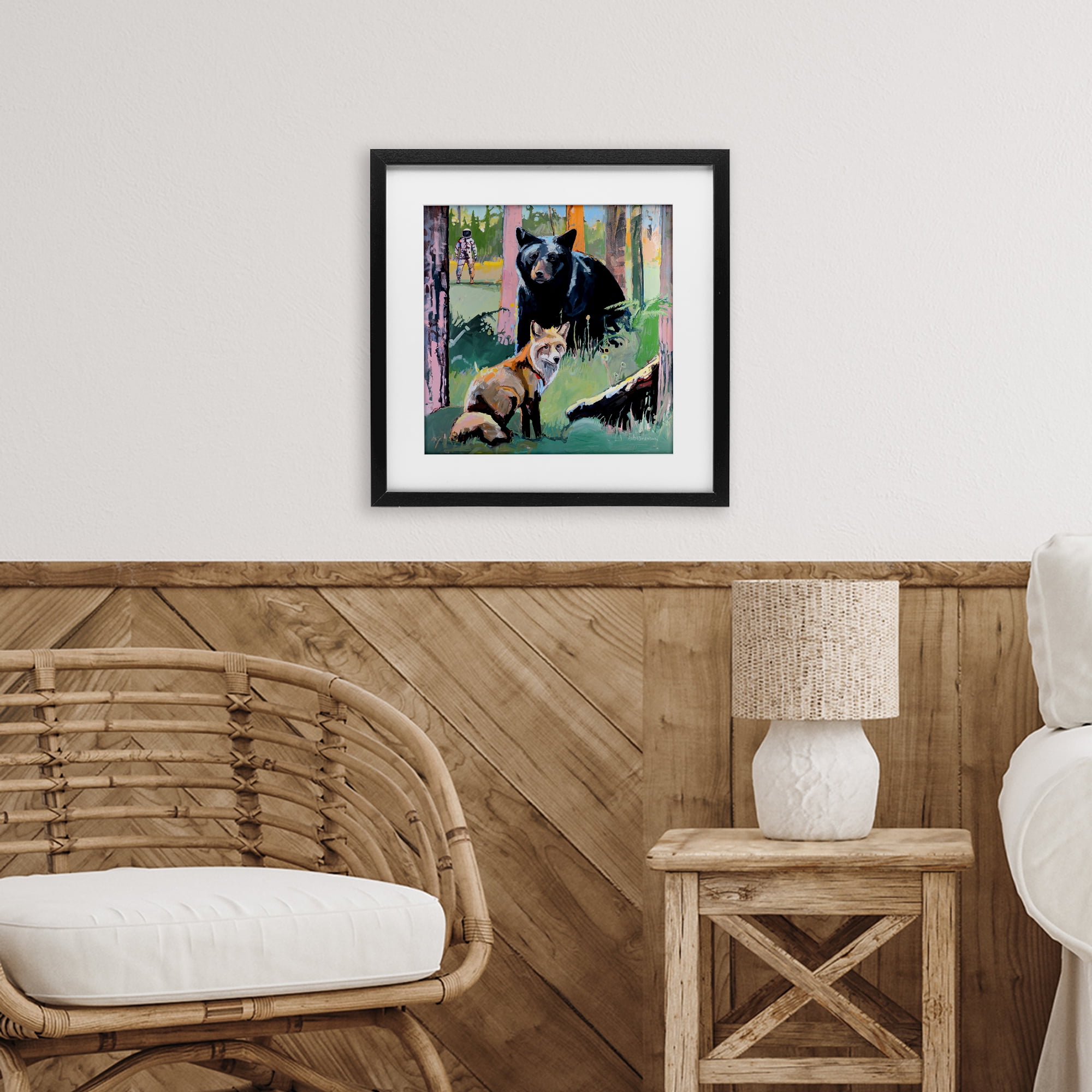 Forest Animals in Deep Space Black Framed Print Under Glass, design by Adam Swanson
