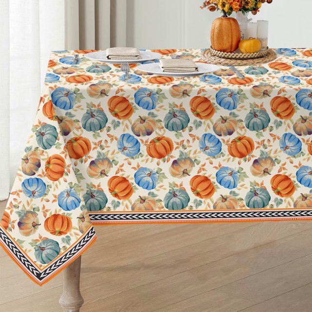 Fall Tablecloth Pumpkin Maple leaves Fabric Table Cloth Washable Table Cover for Picnic Home Kitchen Party Dining Table Decor, 60 x 102 Inch, Q-J-Z-B-S018-05