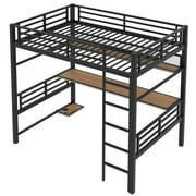 Euroco Metal Full Size Loft Bed with Desk and Shelves, Storage Gaming Bed with LED Light for Kids Teens