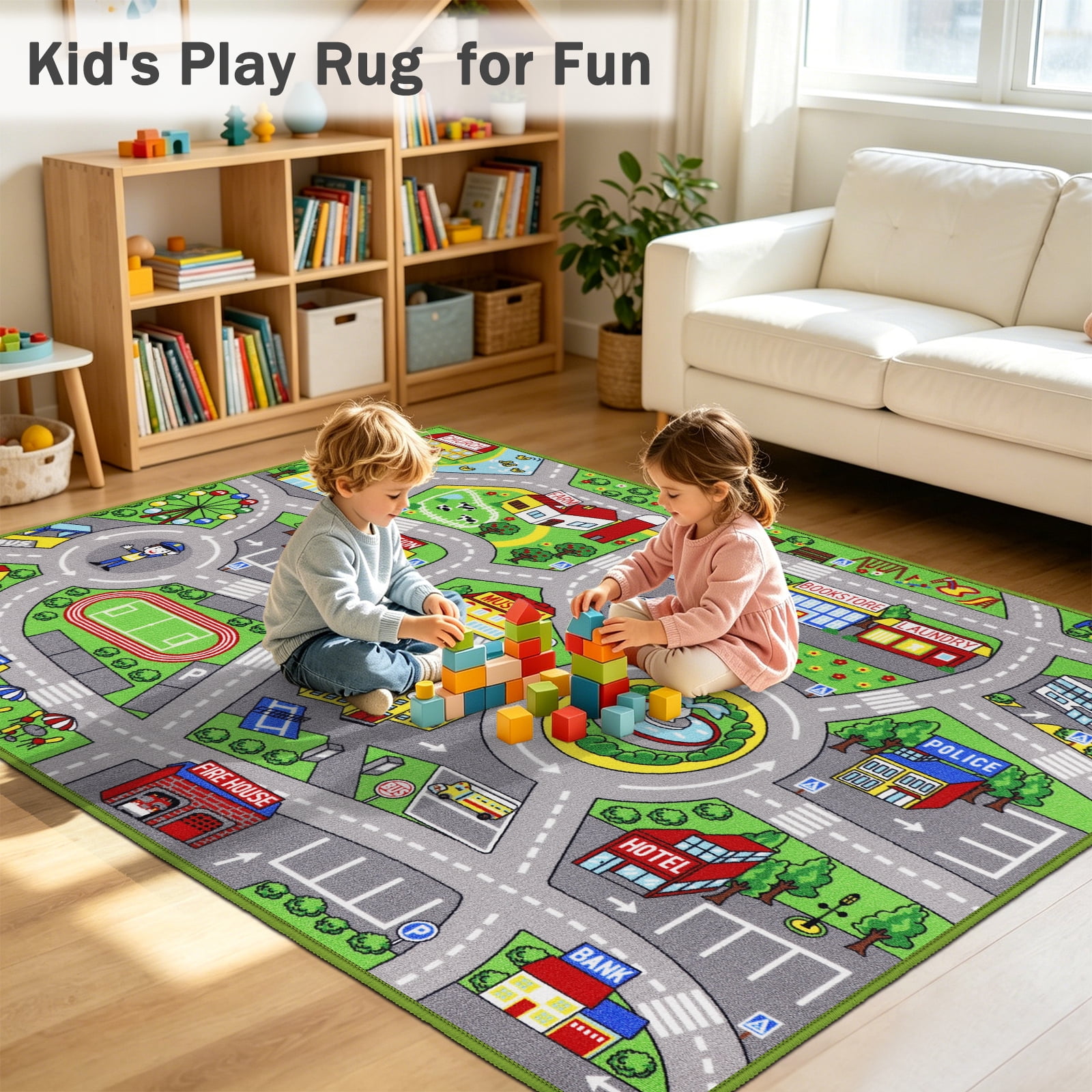 ORGOWEL Kids Carpet Playmat Area Rug Car Mat Play Rug for Playroom Educational Car Mat Machine Washable Non-Slip Kids Rug for Bedroom, Living Room,59"x78.7",Green