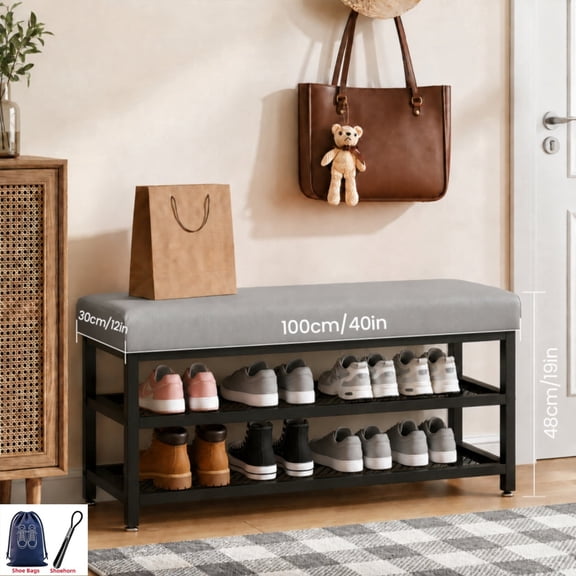 2-Tier Shoe Bench, 47/39/31/24-Inch Entryway Shoe Storage with Cushioned Seat, Metal Rack Organizer for Hallway, Mudroom and Closet