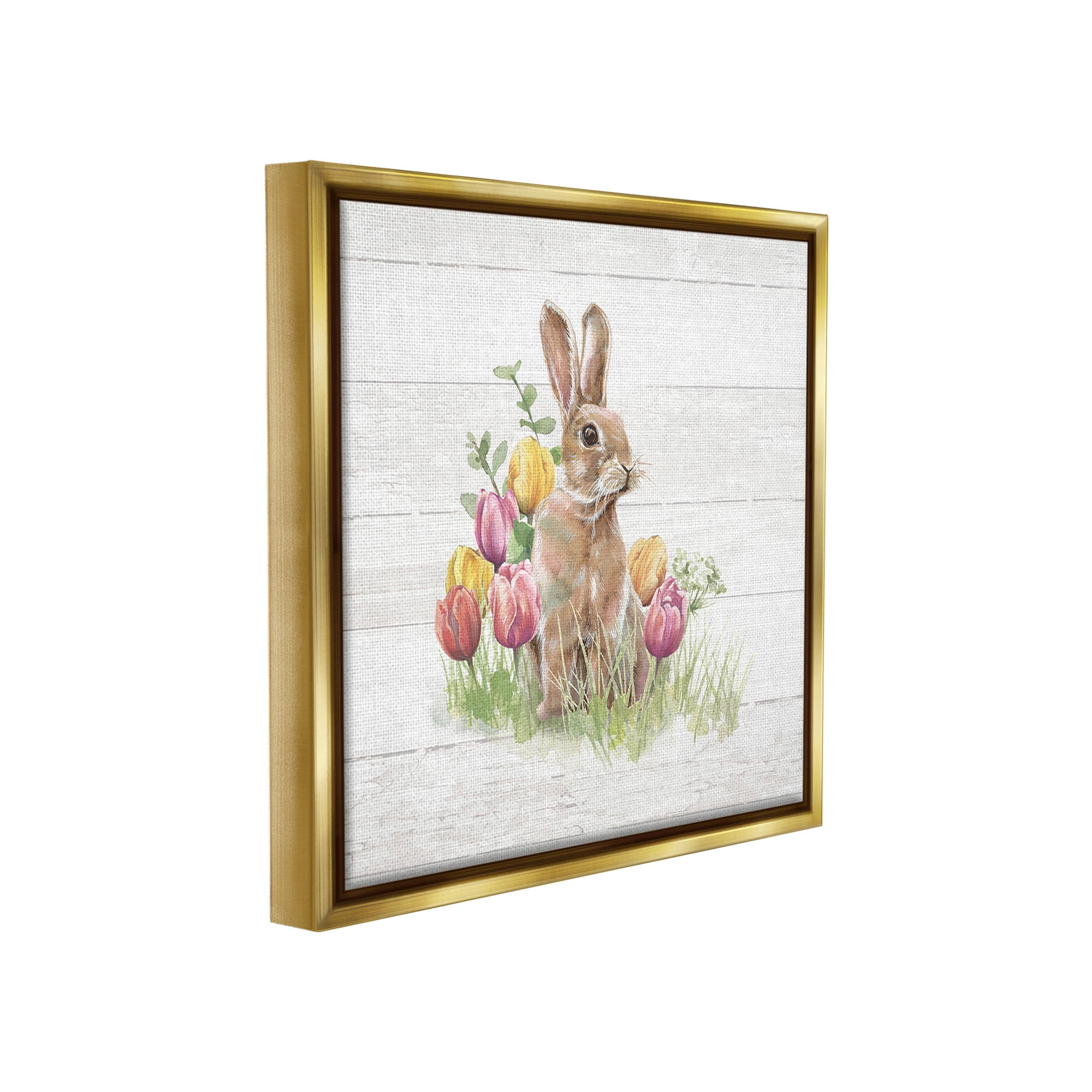 Stupell Industries Bunny & Spring Tulips Animals & Insects Painting Gold Floater Framed Canvas Art Print Wall Art, 18 x 18