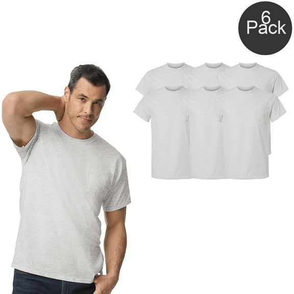 Gildan Cotton Pocket T-Shirt for Men, Short Sleeve Crew Neck Shirt Bulk Pack of 6, Ash Color, S