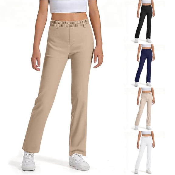 RMGVDSD Girls School Uniform Pants Kids Dress Pants High Stretchy Straight Leg Trousers with Pockets Fashion Spring Fall Back to School Slacks 9-10 Years