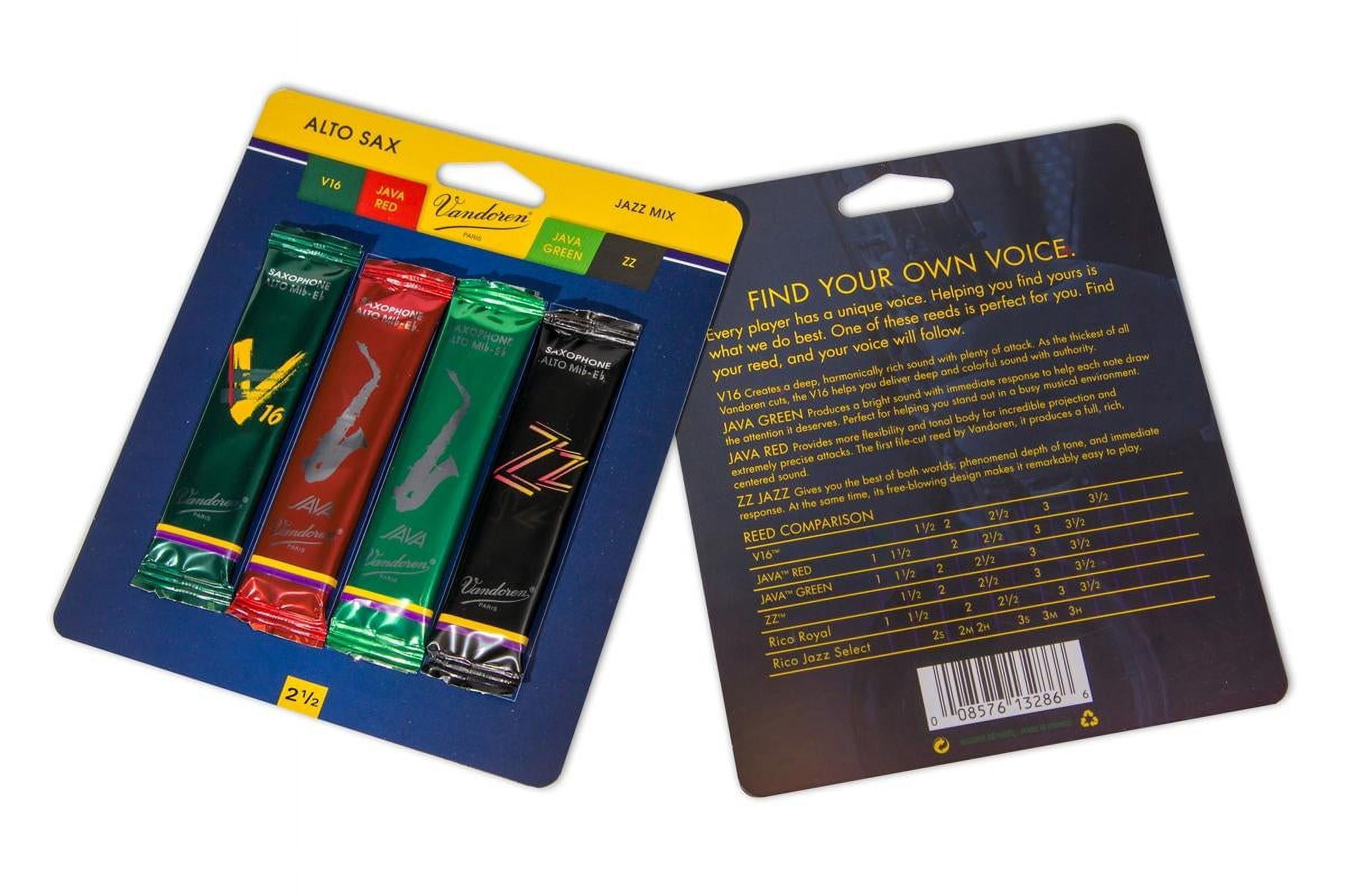 Vandoren Alto Sax Jazz Reed Mix Card includes 1 each ZZ, V16, Java and Java Red Strength #2.5