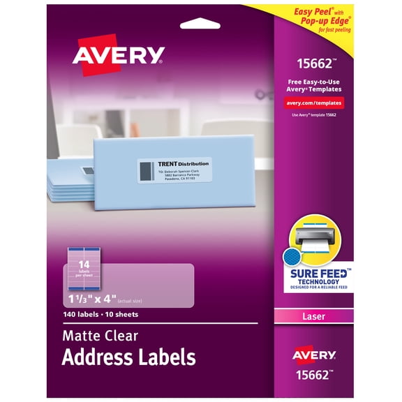 Avery Address Labels, 1-1/3" x 4", Matte Clear, 140 Labels (15662)