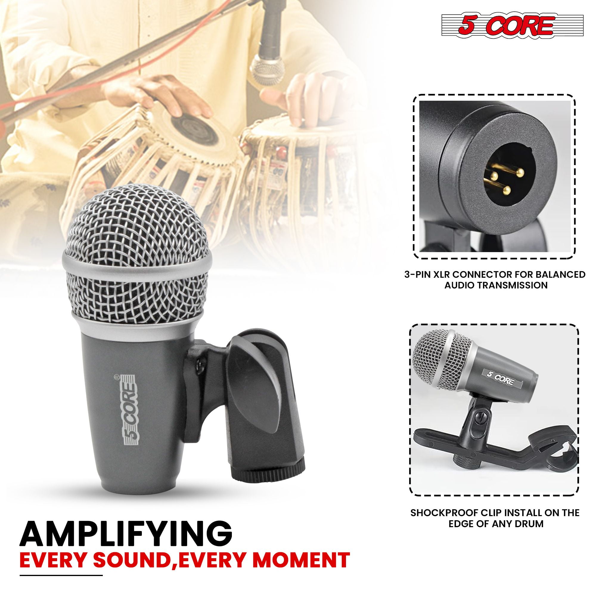 XLR Wired Cardioid Instrument Microphone for Tabla - Dynamic Moving Coil, Swivel Mount & Rim Clip Included
