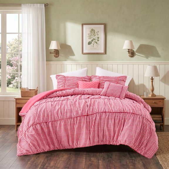 Regency Heights Full/Queen Comforter Set 5 Pieces, Red Plaid Ruched Design with Decorative Pillows, Soft Microfiber Bedding Sets for All Seasons