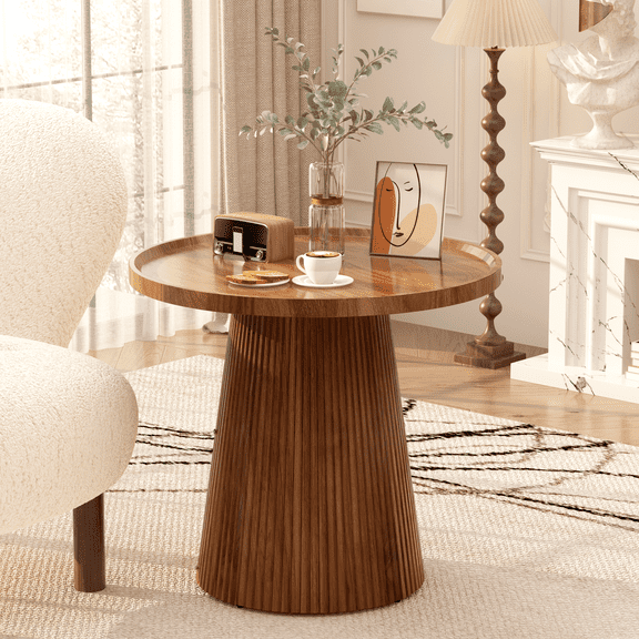 MIERES Side Table ,Round End Table, Small Accent Table for Living Room with Raised Edge & Tapered Base, Center Table for Bedroom, Balcony, Garden
