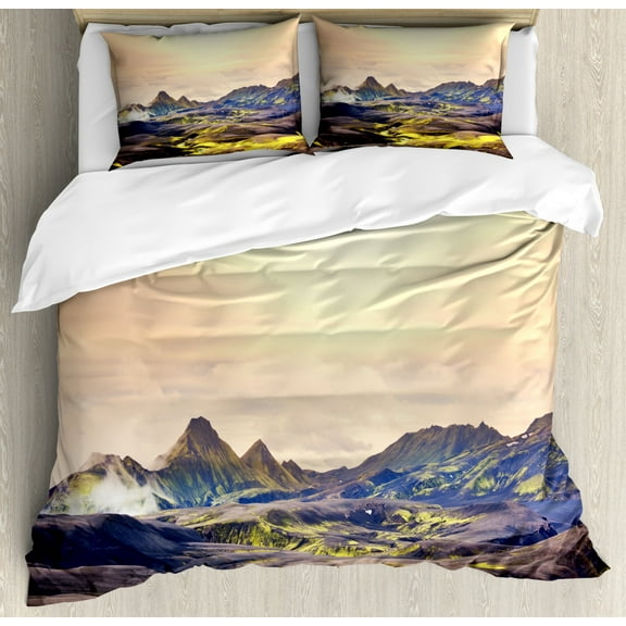 Iceland Duvet Cover Set King Size, Graphical Illustration of a Dramatic Icelandic Landscape Mountainous Scenery, Decorative 3 Piece Bedding Set with 2 Pillow Shams, Multicolor, by Ambesonne