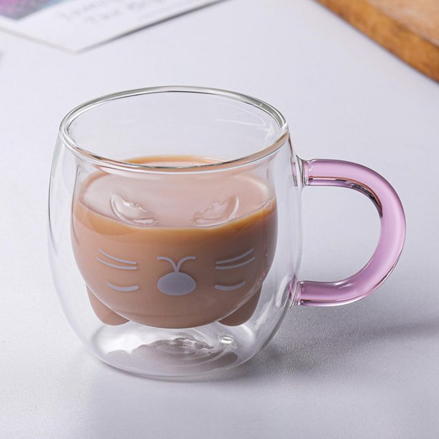 Taza de de doble pared Resistente al calor a prueba de explosiones Vasos para beber Té de oreja de gato Tazas para té Café Chocolate Linea blanca Macarena Taza de café