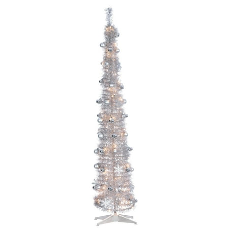 Gerson 6-Foot High Pop Up Pre-Lit Decorated Narrow Silver Tinsel Tree with Warm White