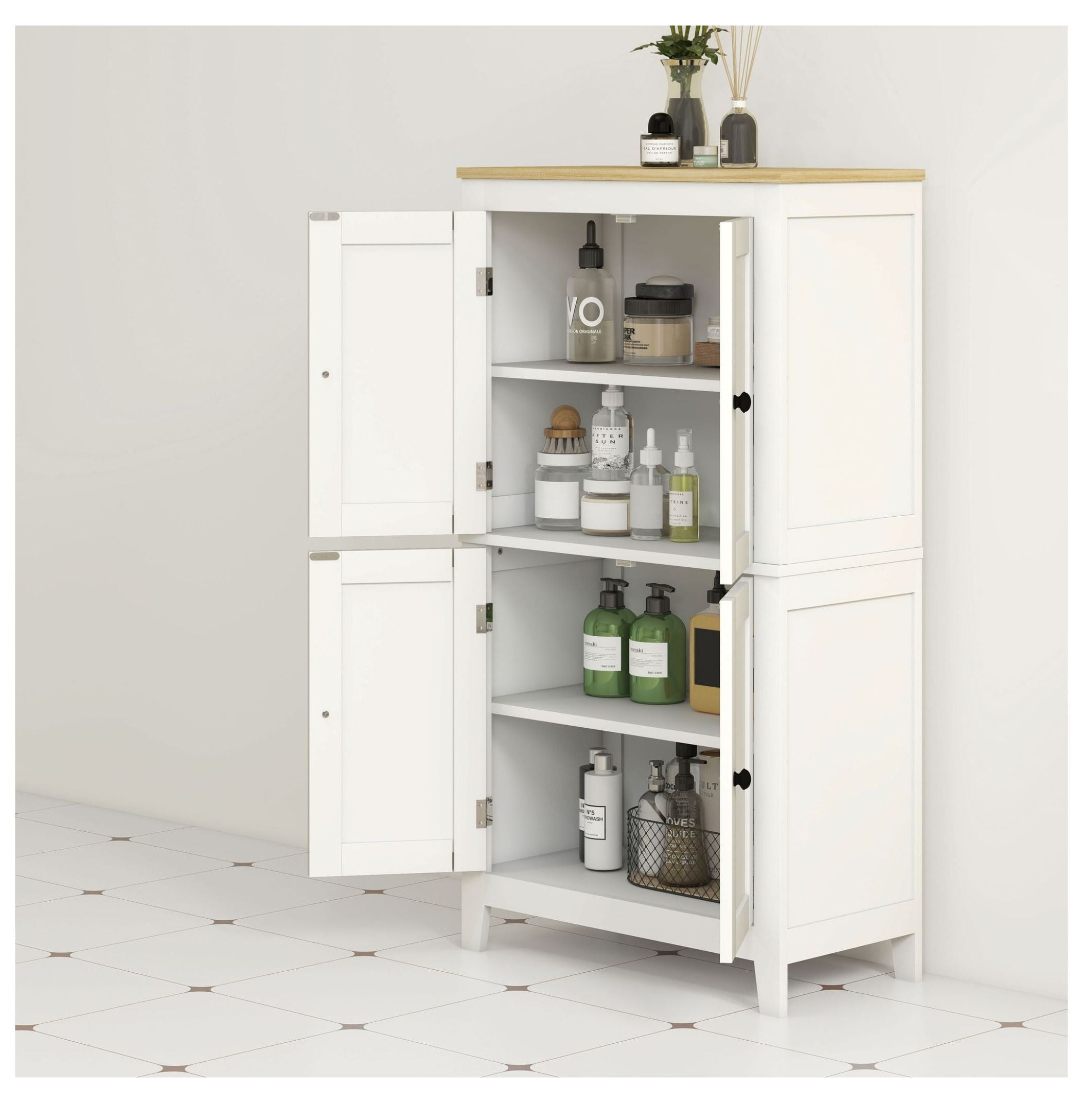 Bathroom Storage Cabinet, White Floor Cabinet with Doors & Adjustable Shelves