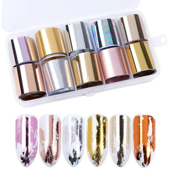 10 Rolls Metallic Color Holographic Nail Foil Transfer Sticker Roll Set, Mix-Pattern Nail Art Stickers, Wraps Decals Starry Sky Manicure Kit,Gold, Silver, Rose Gold (1.03Inchs39.37Inchs)
