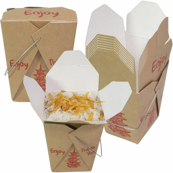 EcoQuality 64 oz Brown Asian Style Take Out Food Boxes with Wire Handle – Classic Asian-Style Paper Containers for Chinese Takeout, Leftovers, Meal Prep, and Party Favors (25)
