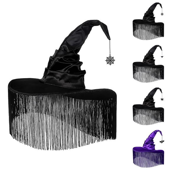 Breezora Bohemian Fringe Witch Hat for Women Halloween Costume Black Wide Brim Cap Gothic Party Decor Accessory for Themed Wedding Photoshoot