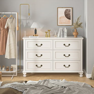 TVU Wood 6 Drawer Dresser for Bedroom, Vinatge Chest of Drawers with Wide Storage Cabinet