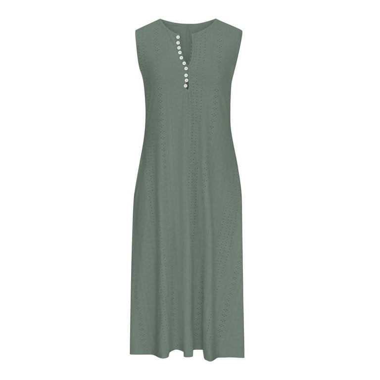Meichang Womens Eyelet Dresses V Neck Button Sleeveless Dresses Solid Color  Loose Fit Flowy Midi Dresses Summer Casual Dresses with Pockets Green M -  Walmart.com