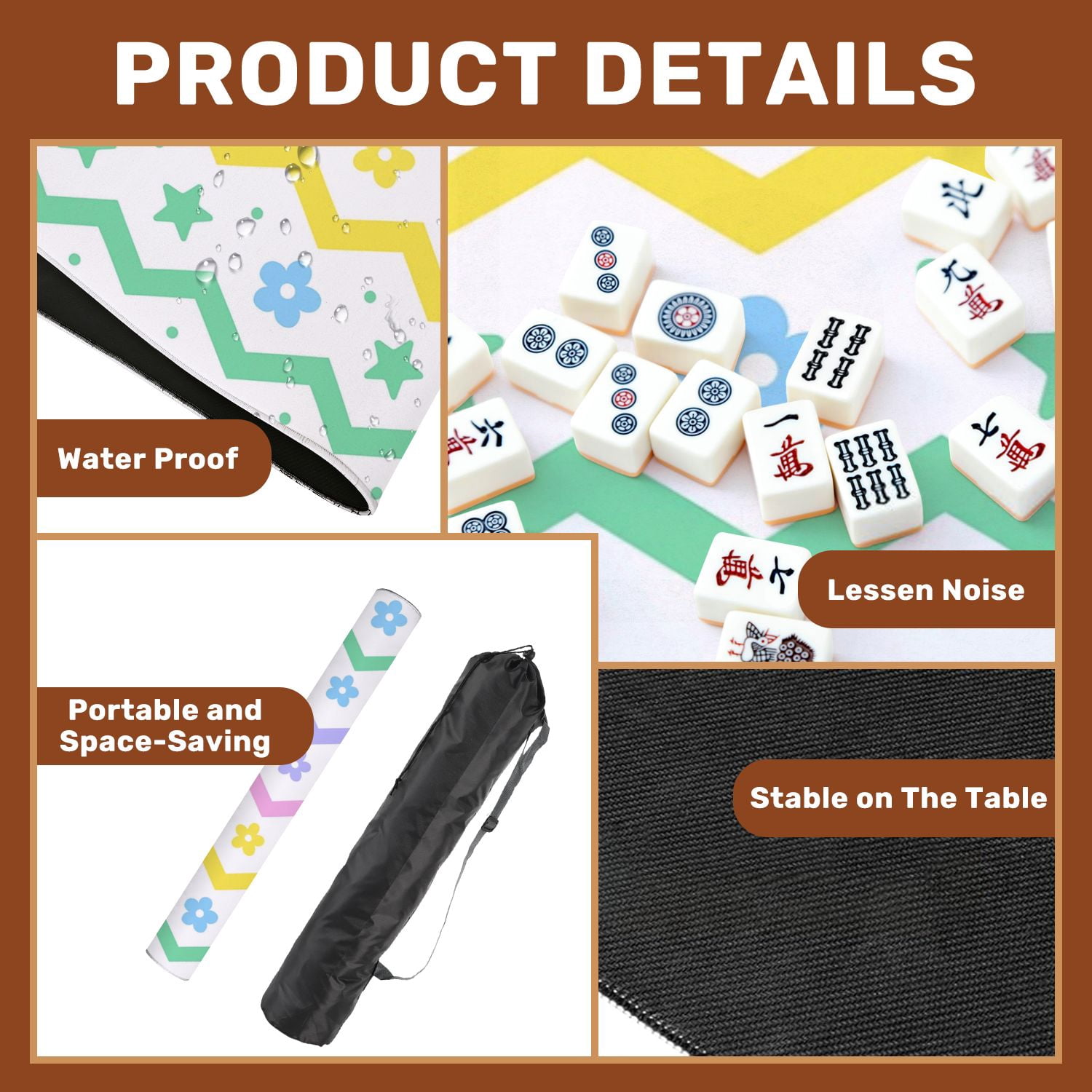 Mahjong Mat 31.5" x 31.5" Pastel Zigzag Stars Flowers Soft Colors Non-Slip Noise Reduction American Mahjong Tiles Table Cover for Dominoes Poker Card Board Games Gift
