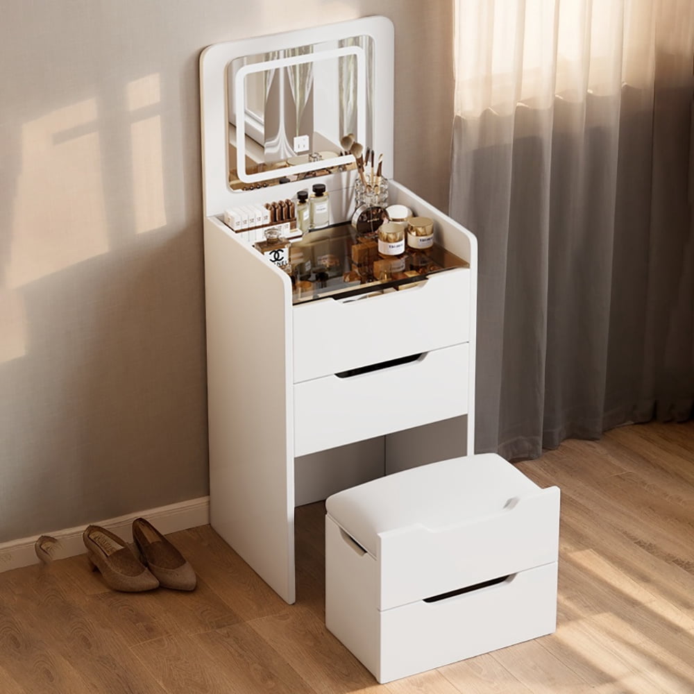 Miniyam Vanity Desk with Lighted Flip Mirror, Drawers & Stool, Makeup Table for Adults, White