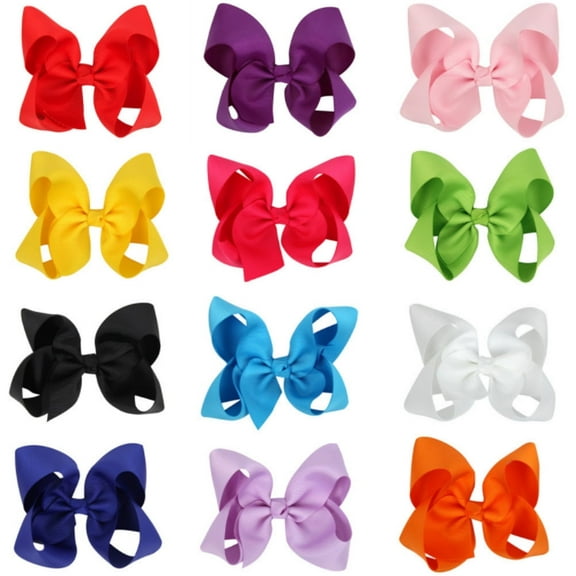 12-Piece Set of 4.5" Grosgrain Ribbon Hair Bows for Baby Girls – Colorful Boutique Style Clips for Kids TIKA