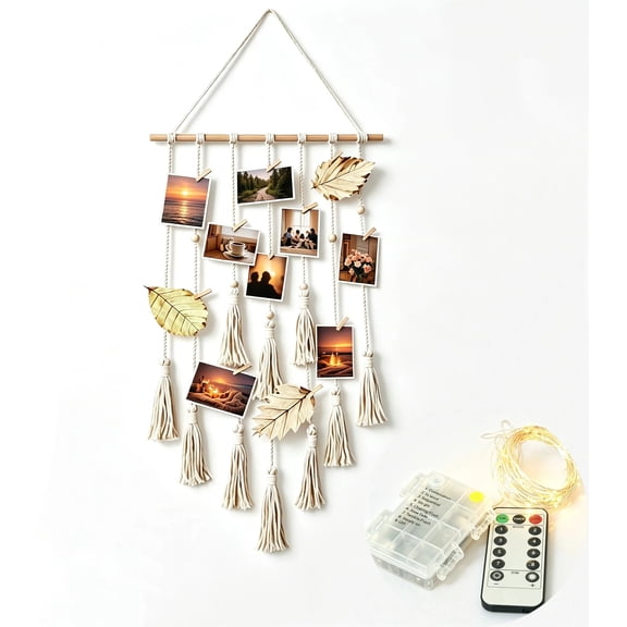WLGJL Hanging Photo Display Wall Decor, Macrame Wall Hanging Boho Room Bedroom Decor, Picture Frame Collage Board with Light 30 Clip, Christmas Teenage Teen Girl Gifts