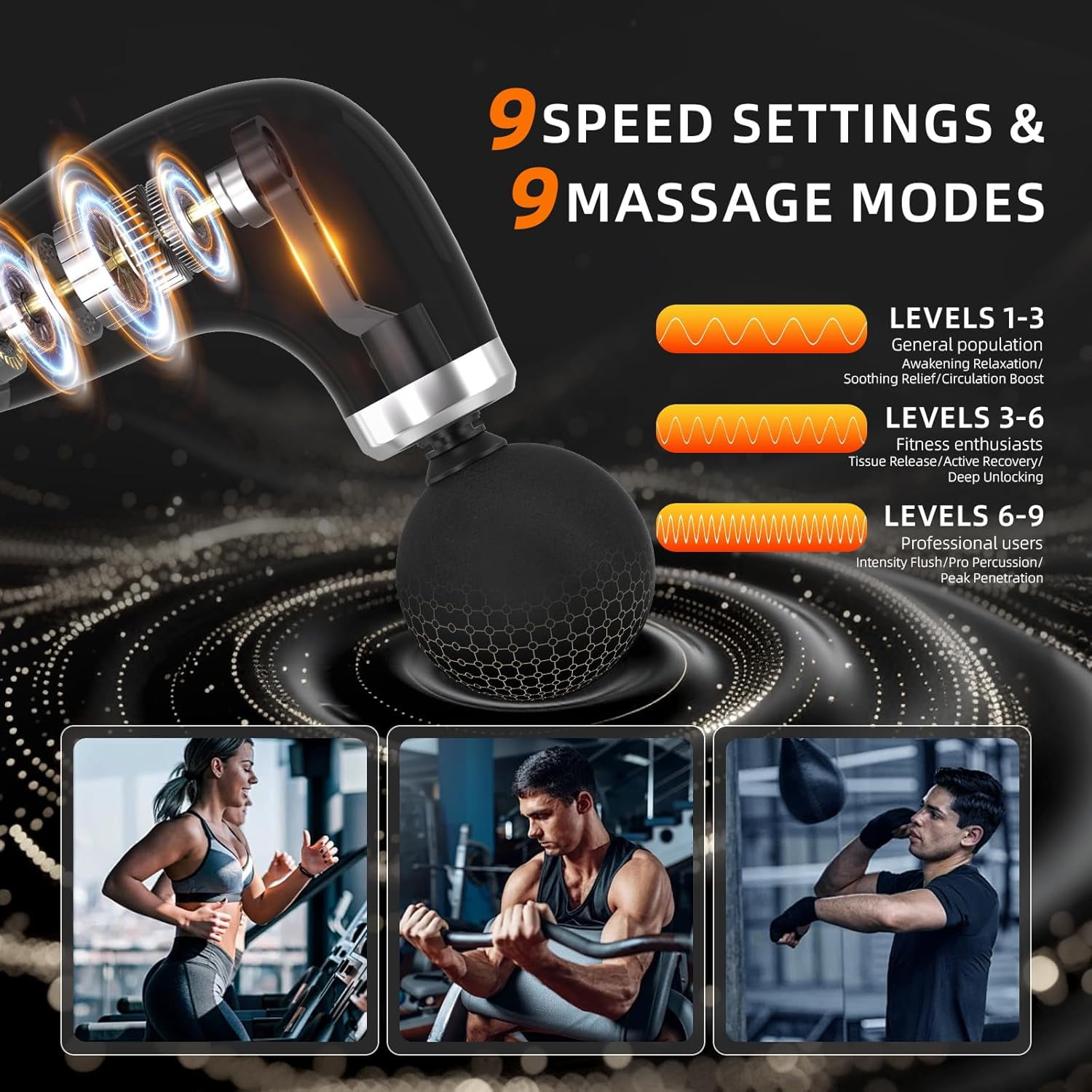 Massage Gun with Upgraded Extension Handle, Back Massage Gun Deep Tissue, Back Massager for Pain Relief for Muscles Neck Shoulders Waist Arm Legs Foot, 4 Replaceable Heads & 9 Speed Levels