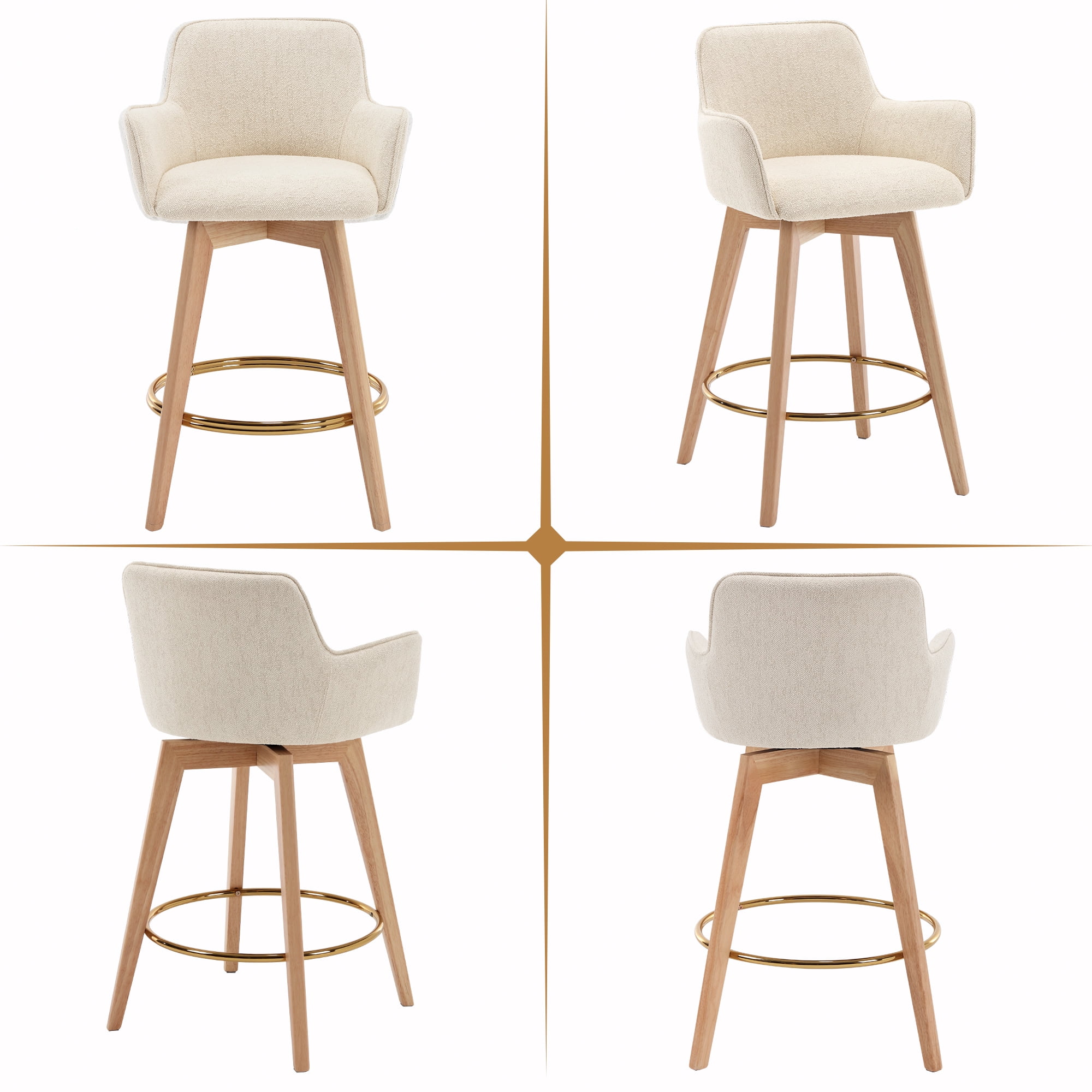 Zesthouse 26.6" Modern Bar Stools Counter Height, Swivel Single Bar Stool for Kitchen Island, Upholstered Linen Barstools with Barrel Back, Arms and Solid Wood Legs, Beige
