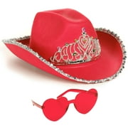 Funcredible Red Cowgirl Hat with Heart Glasses - Red Cowboy Hat with Tiara Crown - Halloween Cow Girl Costume Accessories - Fun Rodeo Party Hats and Goggles for Women, Girls and Kids…
