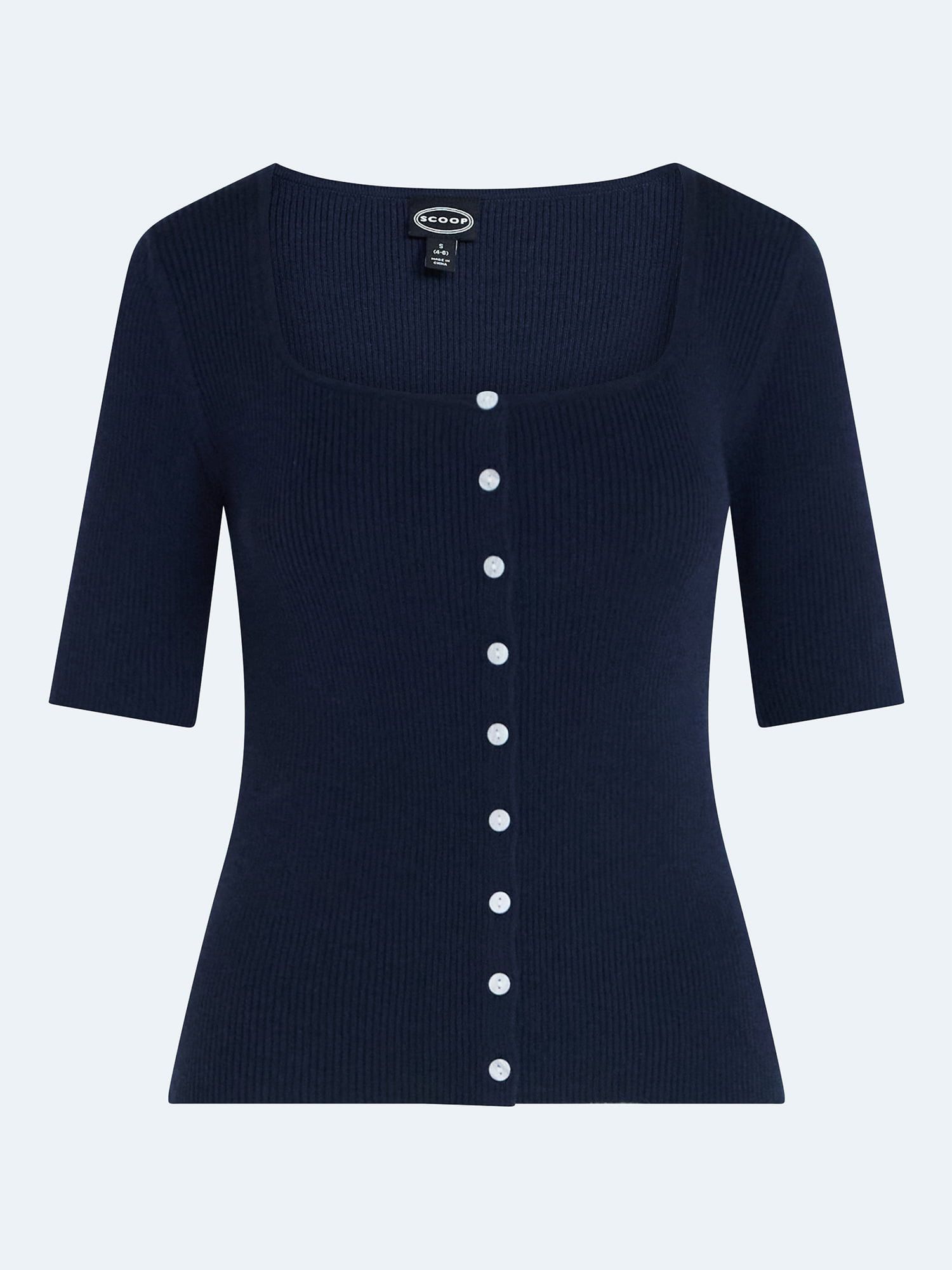 Scoop Women's Square Neckline Cardigan Sweater with Short Sleeves, Lightweight, Sizes XS-XXL